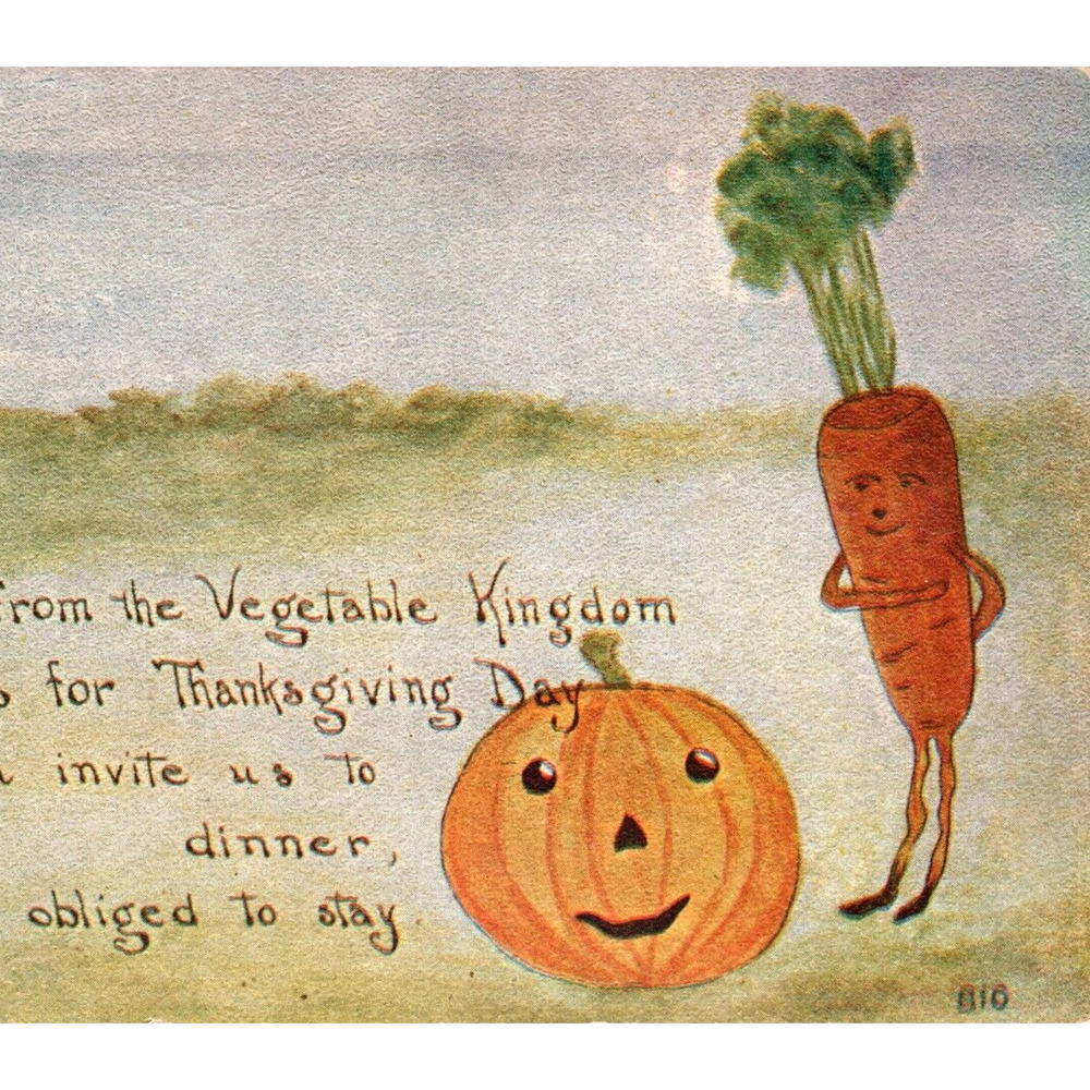 Thanksgiving Day Postcard Fantasy Anthropomorphic Carrot Man JOL Pumpkin Owen